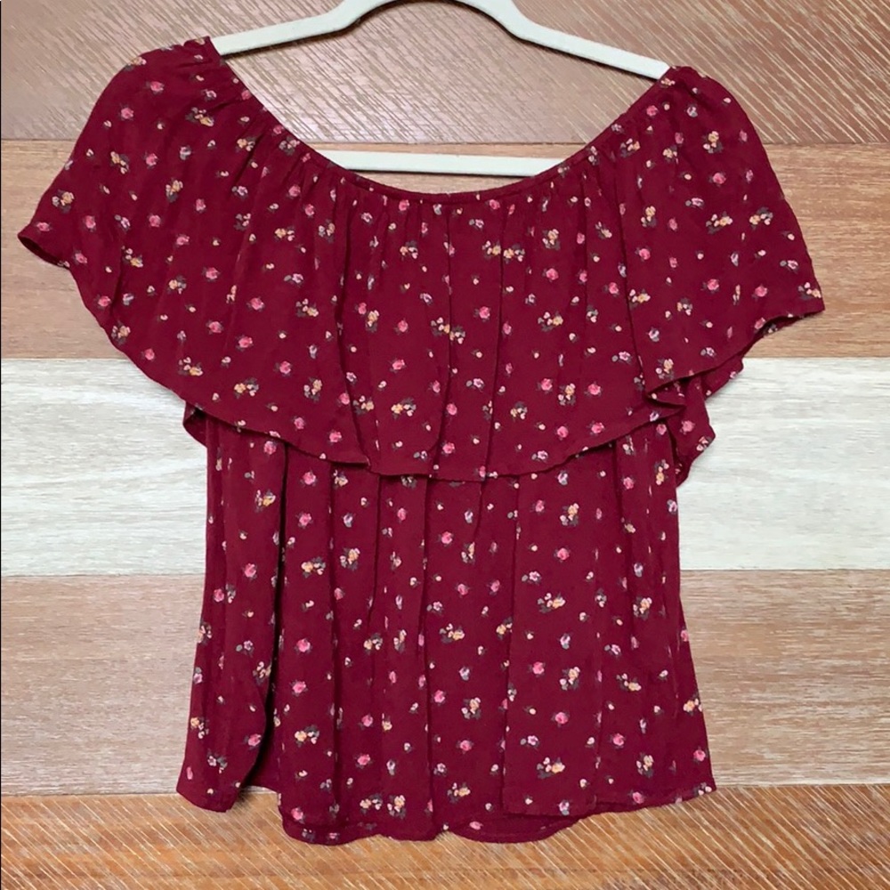 Deep red Holister over the shoulder floral blouse